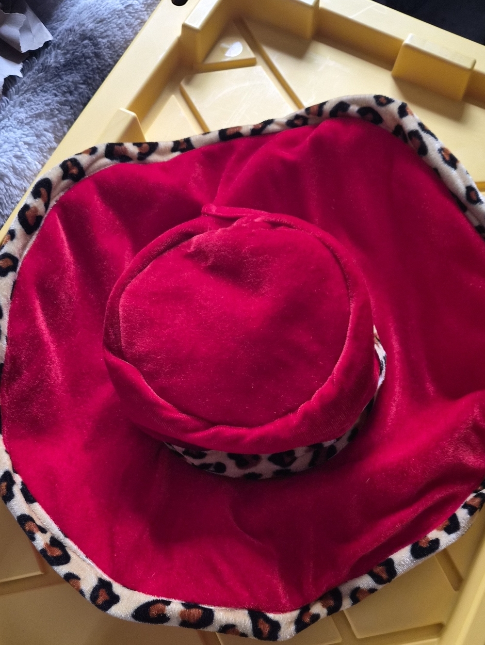 Kids Red Velvet Hat with Leopard Trim